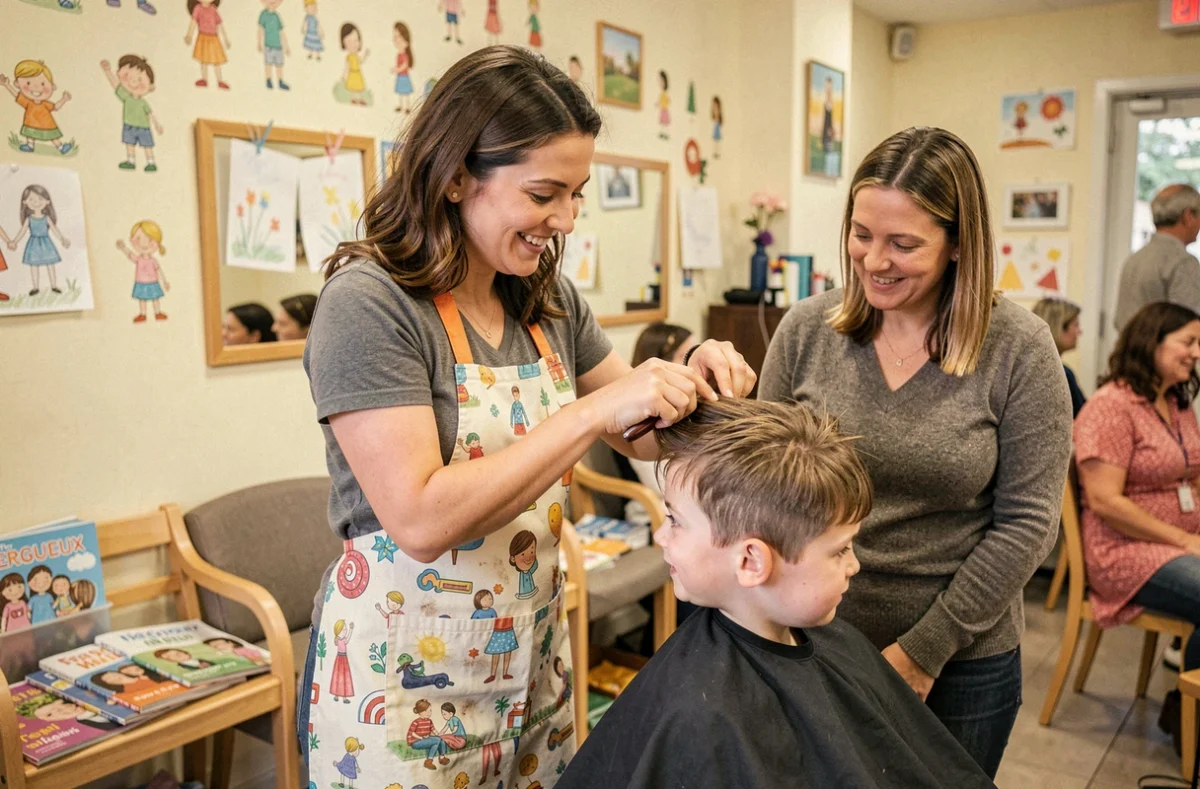 Coiffeuse coupant les cheveux d'un enfant sous le regard bienveillant de sa mère dans le salon familial Alliance Coiffure à Trégueux
