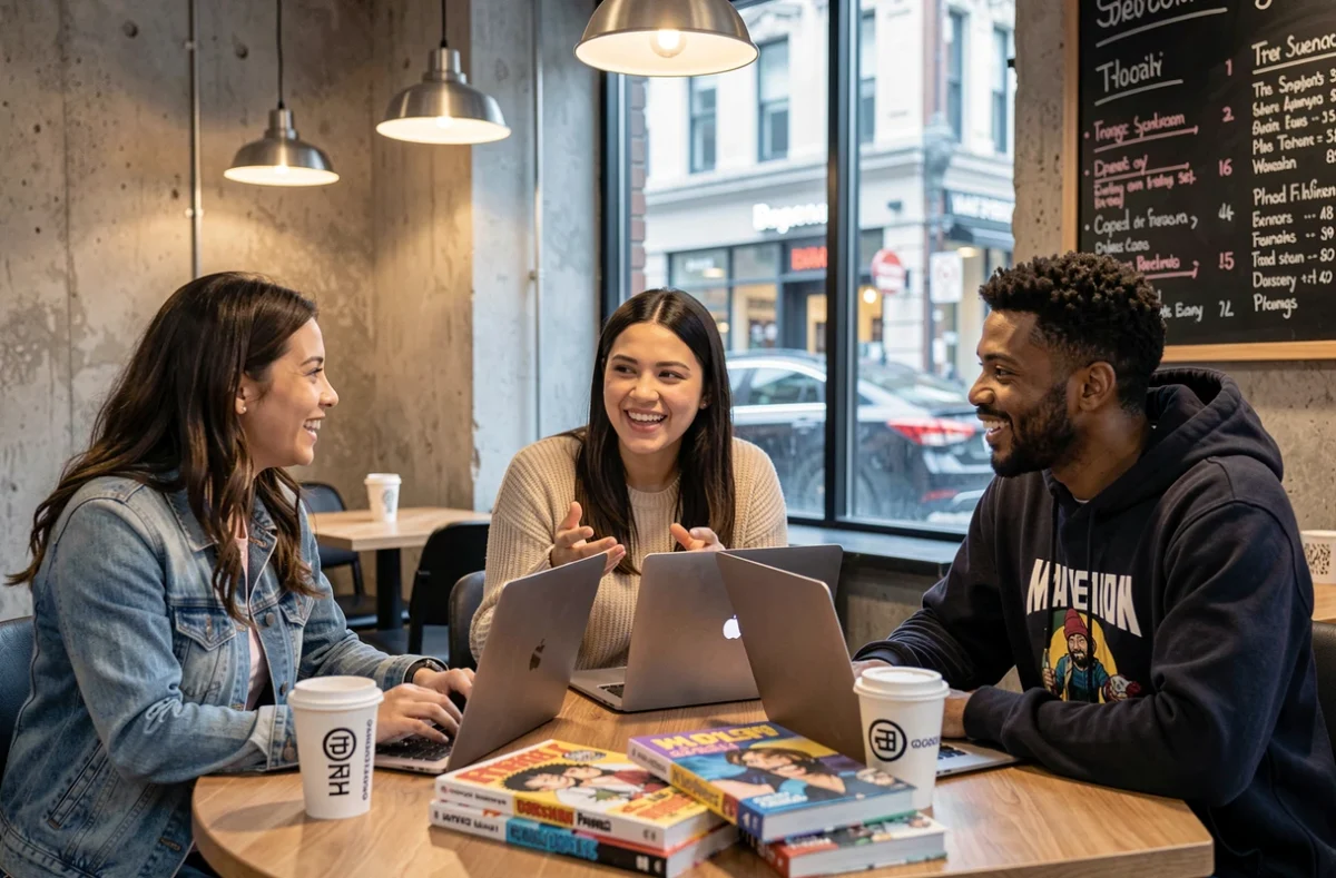 Groupe de trois amis fans de culture pop réunis dans un café moderne autour de mangas et d'ordinateurs portables pour discuter de leur blog préféré