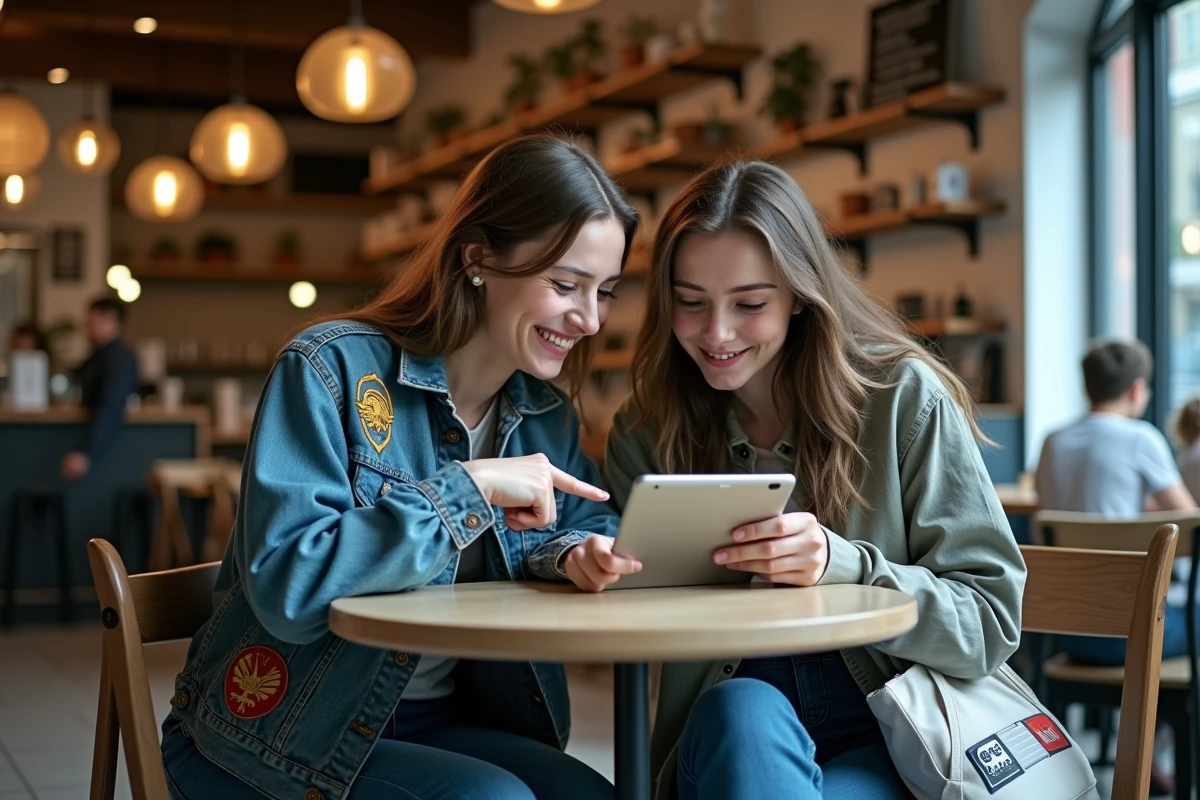 Deux amis millennials geeks partageant un blog beauté et culture geek sur tablette dans un café urbain tendance