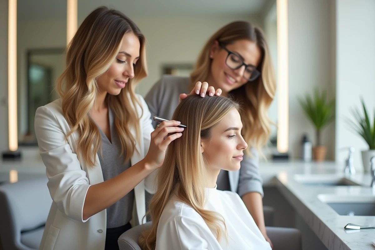 Coiffeuse appliquant une patine sur un balayage en salon pour effet soleil naturel