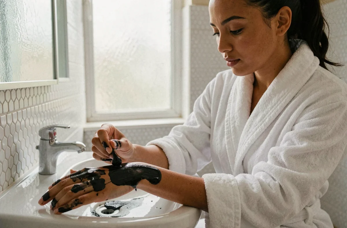 Femme appliquant du savon noir sur son bras lors d'un soin gommant maison dans une salle de bain