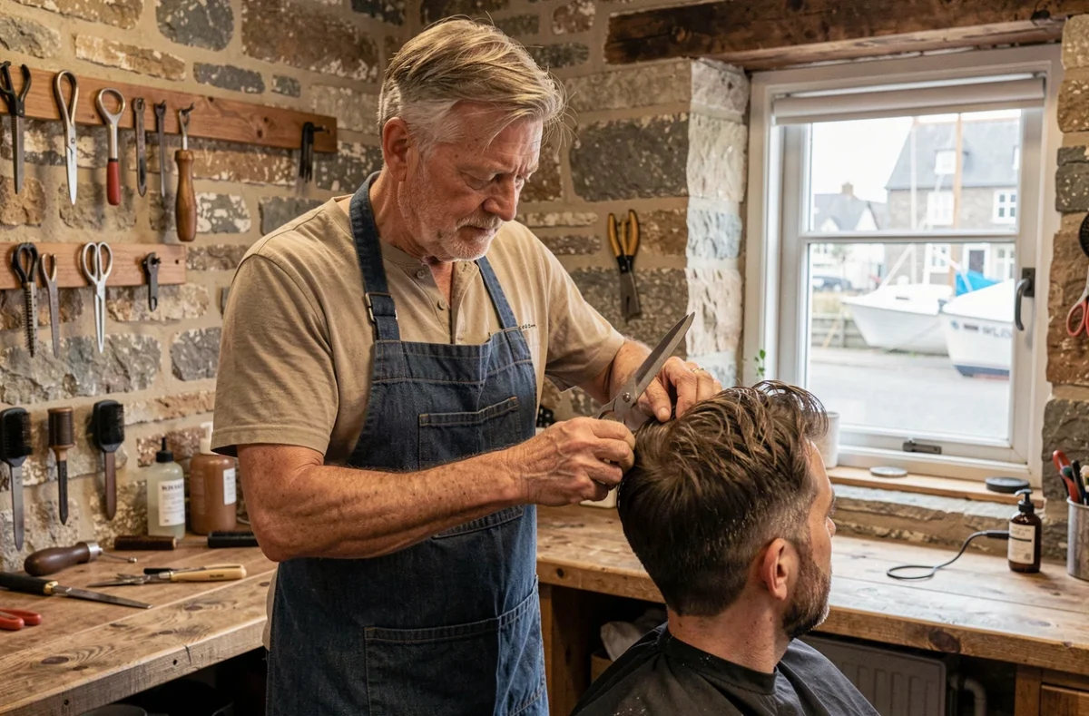 Artisan coiffeur réalisant une coupe traditionnelle à la main dans son salon à Paimpol face à la côte bretonne
