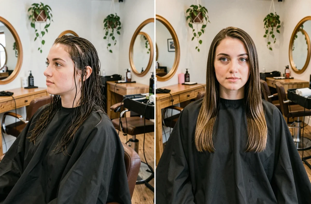 Comparaison avant après coiffure en salon, transformation cheveux grâce au flash coiffeur