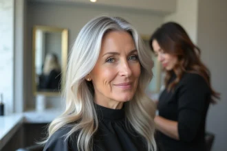 Femme de 40 ans en salon de coiffure pendant une séance de balayage pour masquer la repousse gris blanc