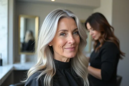 Femme de 40 ans en salon de coiffure pendant une séance de balayage pour masquer la repousse gris blanc