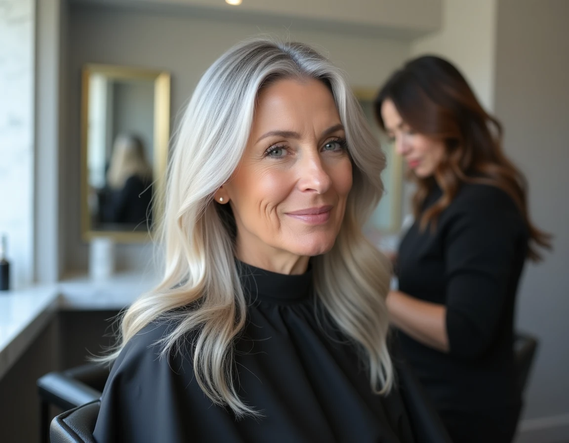 Femme de 40 ans en salon de coiffure pendant une séance de balayage pour masquer la repousse gris blanc