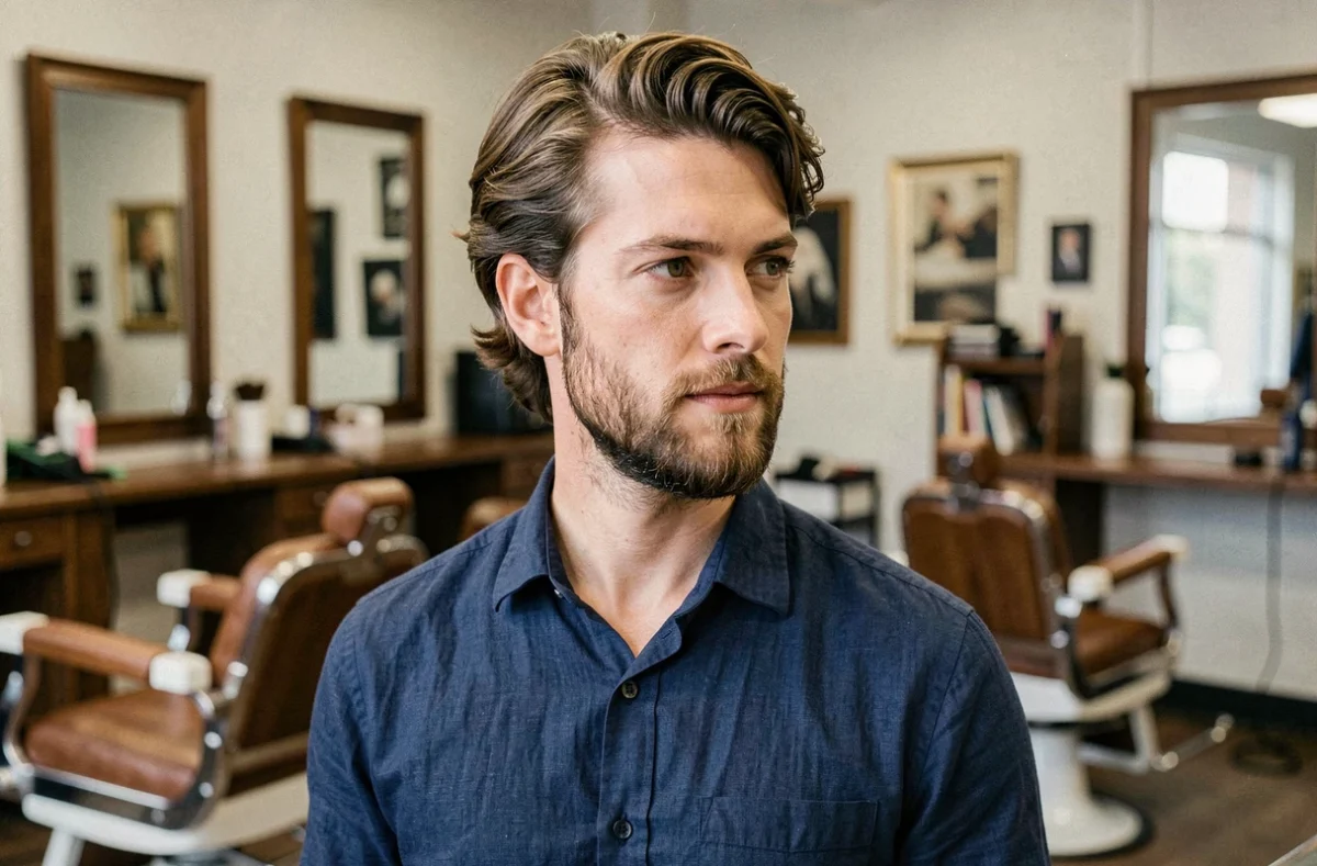 Homme aux cheveux mi-longs et barbe mi-longue bien entretenue dans un salon de coiffure vintage