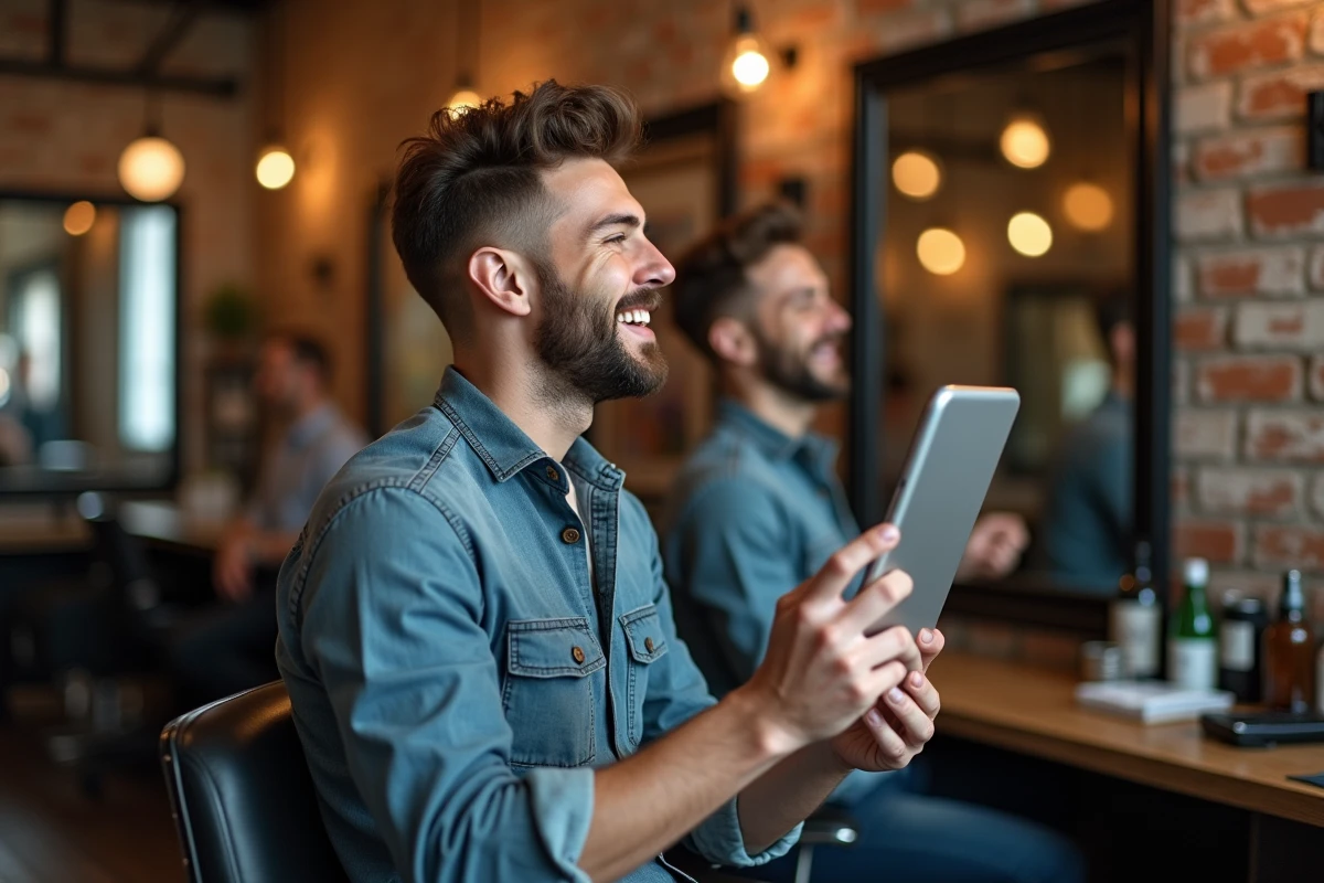 Homme souriant vérifiant sa coupe au barbershop