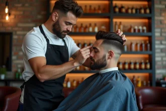 Barbier professionnel appliquant un traitement capillaire Maxbarber sur un client dans un salon de coiffure moderne en 2026
