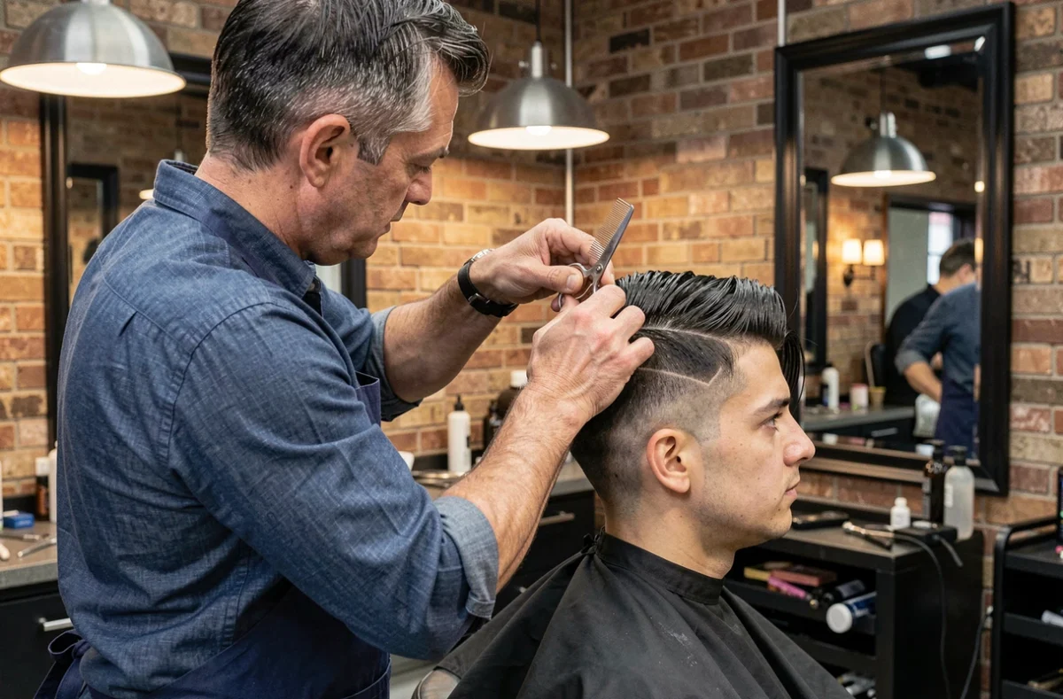 Barbier professionnel sculptant une coupe taper sur cheveux épais avec ciseaux et peigne dans un salon moderne