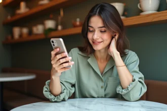 Jeune femme regardant son reflet sur l'écran de smartphone dans un café parisien, illustrant la question de la beauté naturelle versus les filtres Instagram