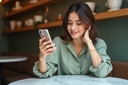 Jeune femme regardant son reflet sur l'écran de smartphone dans un café parisien, illustrant la question de la beauté naturelle versus les filtres Instagram