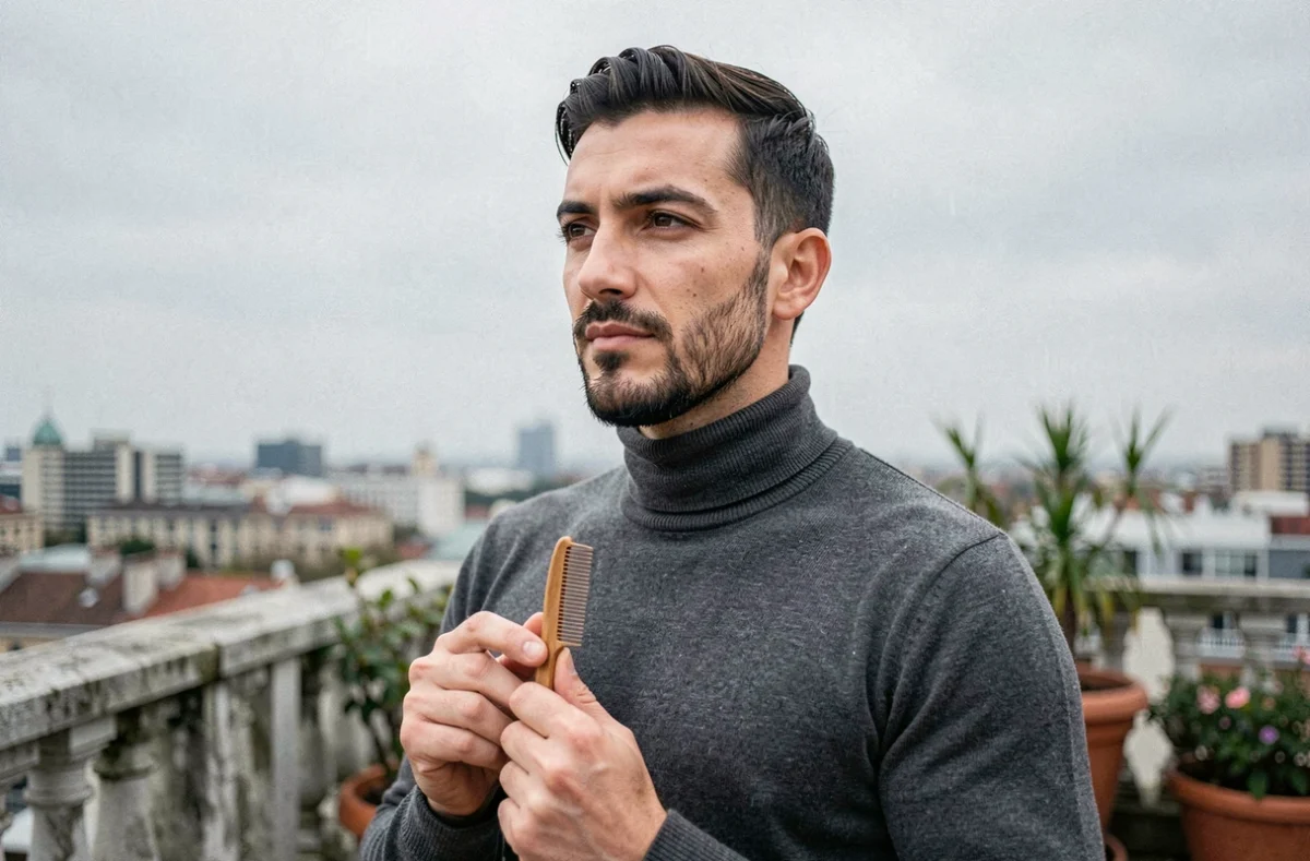 Jeune homme méditerranéen avec un bouc sculpté et une mâchoire marquée sur une terrasse urbaine, look masculin contemporain soigné et stylé