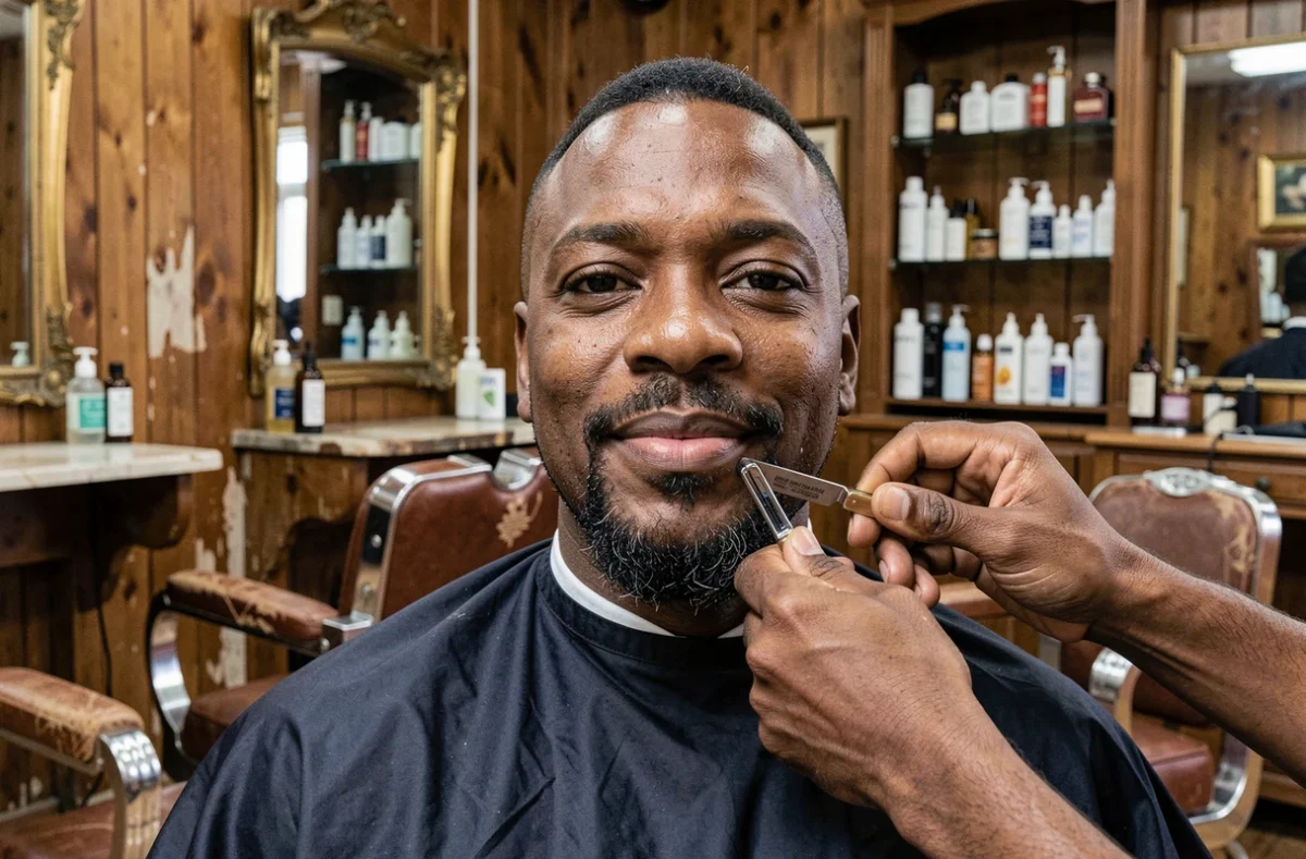 Homme avec un bouc parfaitement dessiné assis dans un fauteuil de barbier vintage, rasage professionnel en cours dans un salon de coiffure masculin rétro