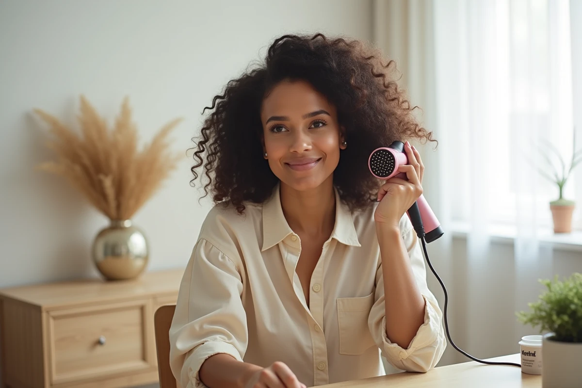 Femme aux cheveux bouclés utilisant une brosse soufflante dans une chambre lumineuse, routine coiffage quotidien