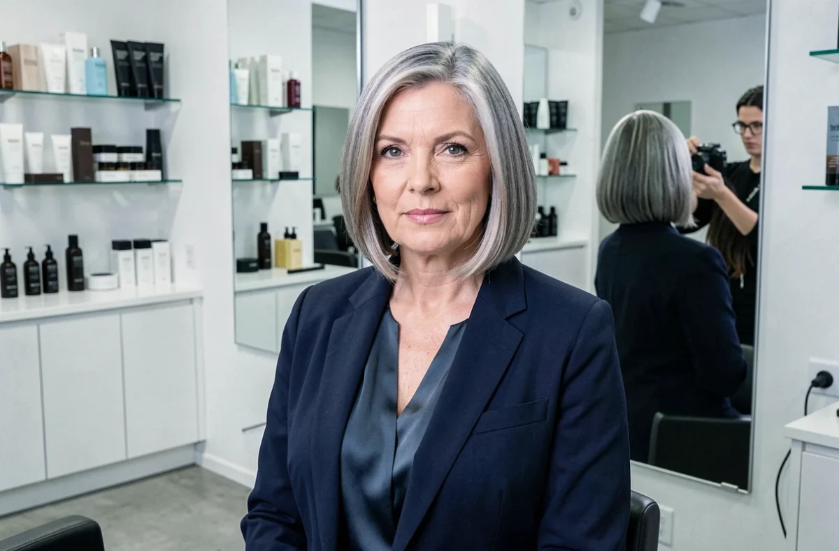 Femme de 60 ans avec un carré plongeant blond cendré dans un salon de coiffure moderne, coupe adaptée au visage rond