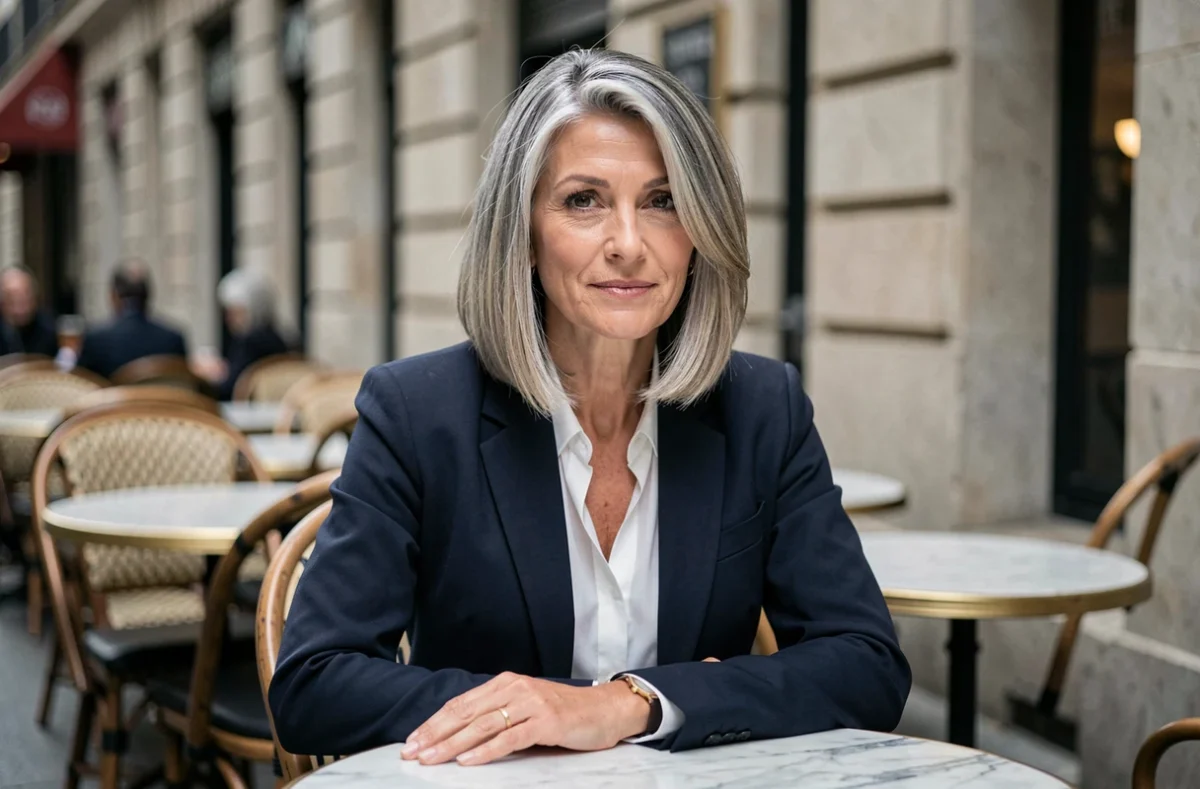 Femme aux cheveux fins avec un carré plongeant asymétrique blond cendré, tendance coiffure 2026 en terrasse parisienne