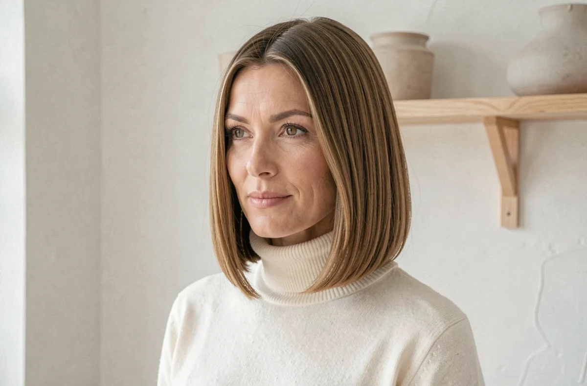 Femme avec un carré plongeant sur cheveux fins, coiffure tendance 2026 en intérieur scandinave