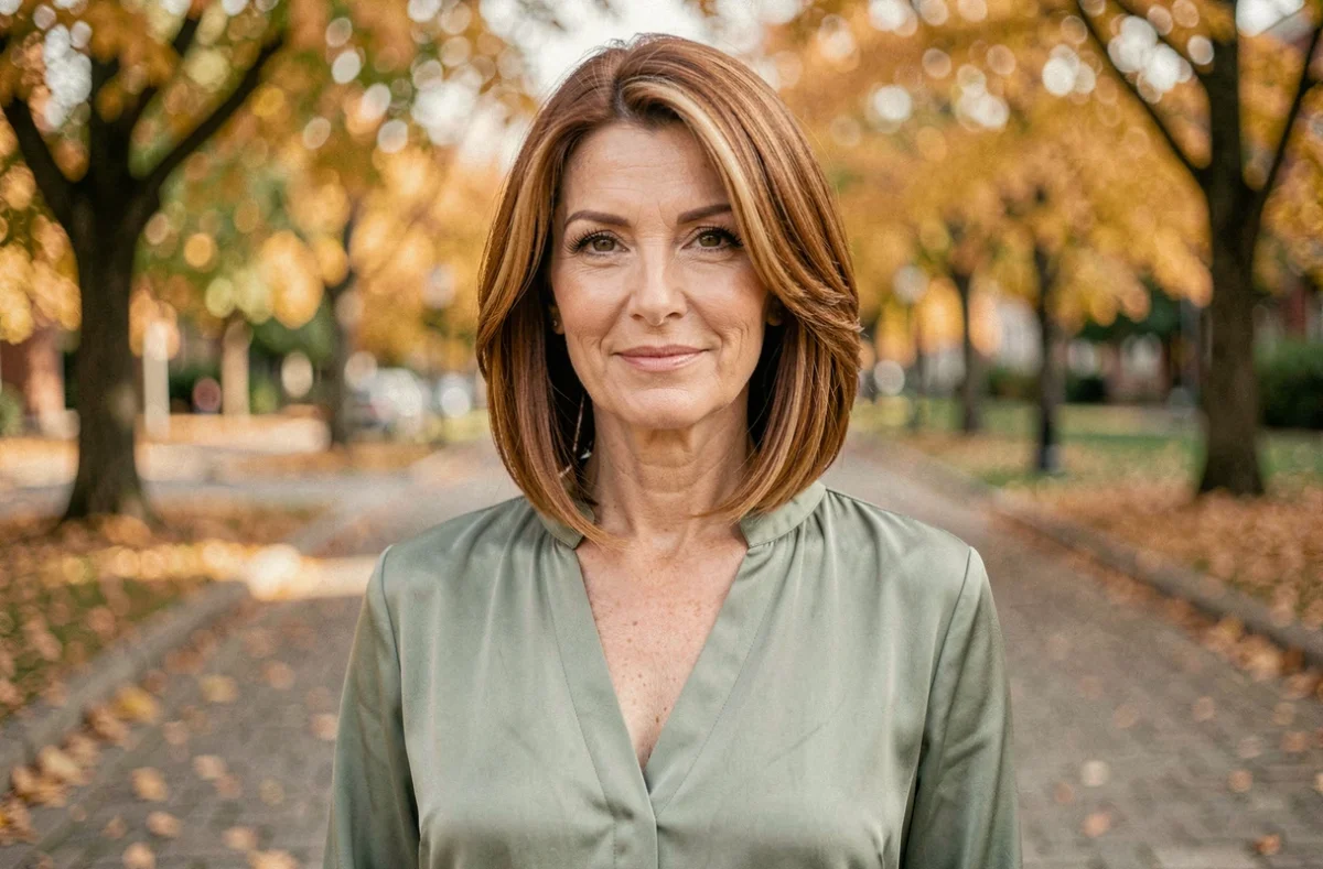 Femme de 50 ans avec un carré plongeant long sur cheveux fins châtain balayage caramel, coiffure tendance automne 2026 en extérieur