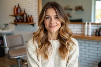Femme aux cheveux caramel miel en balayage ondulé dans un salon de coiffure moderne