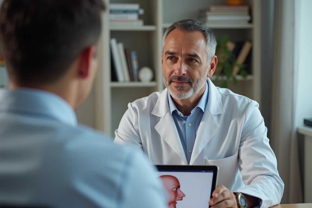 Chirurgien plasticien expliquant une correction de nez grec à un patient en consultation
