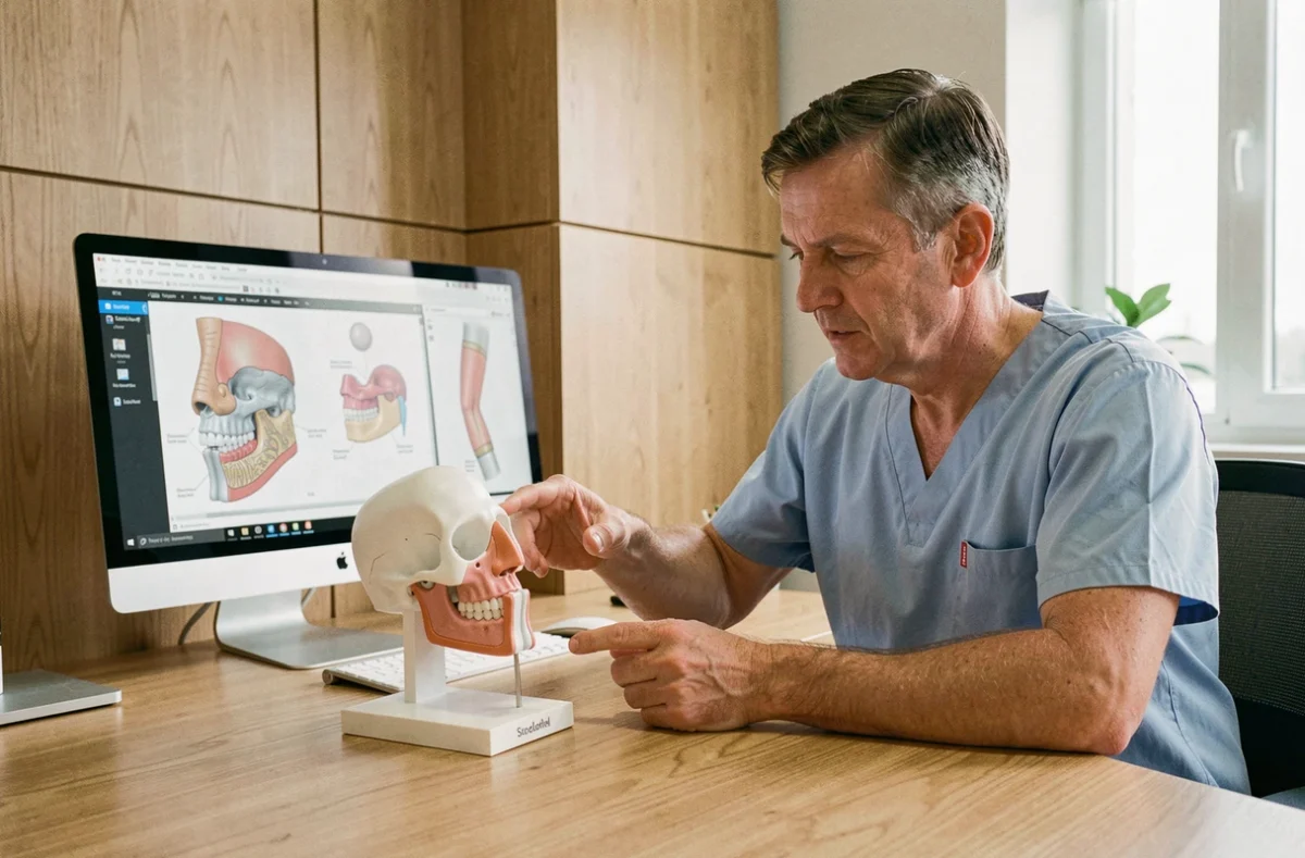 Chirurgien plasticien masculin examinant un modèle anatomique de nez lors d'une consultation de rhinoplastie