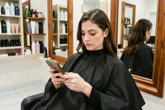 Femme en cape noire dans un salon de coiffure moderne consultant une application de coiffures sur smartphone avant sa coupe