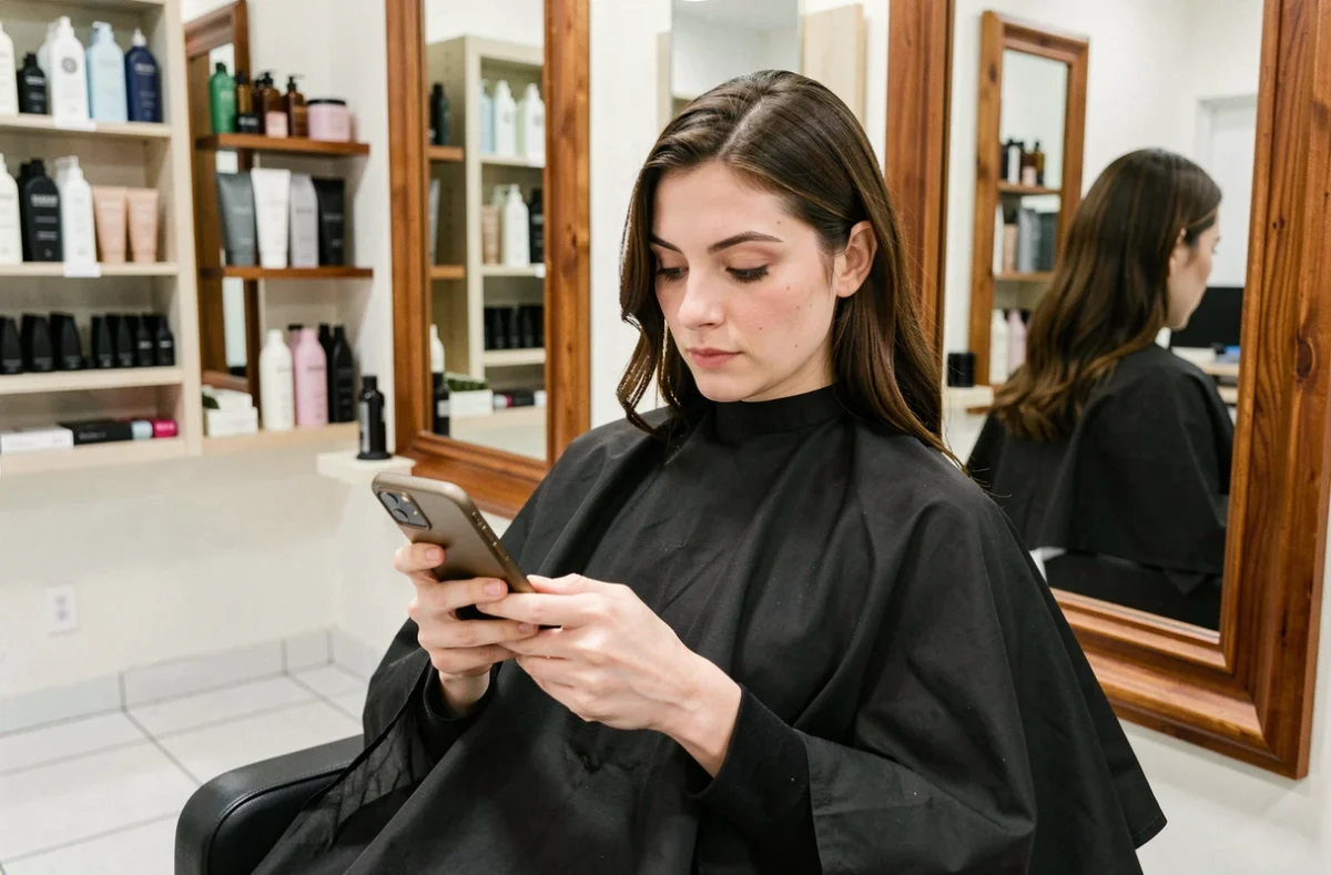 Femme en cape noire dans un salon de coiffure moderne consultant une application de coiffures sur smartphone avant sa coupe