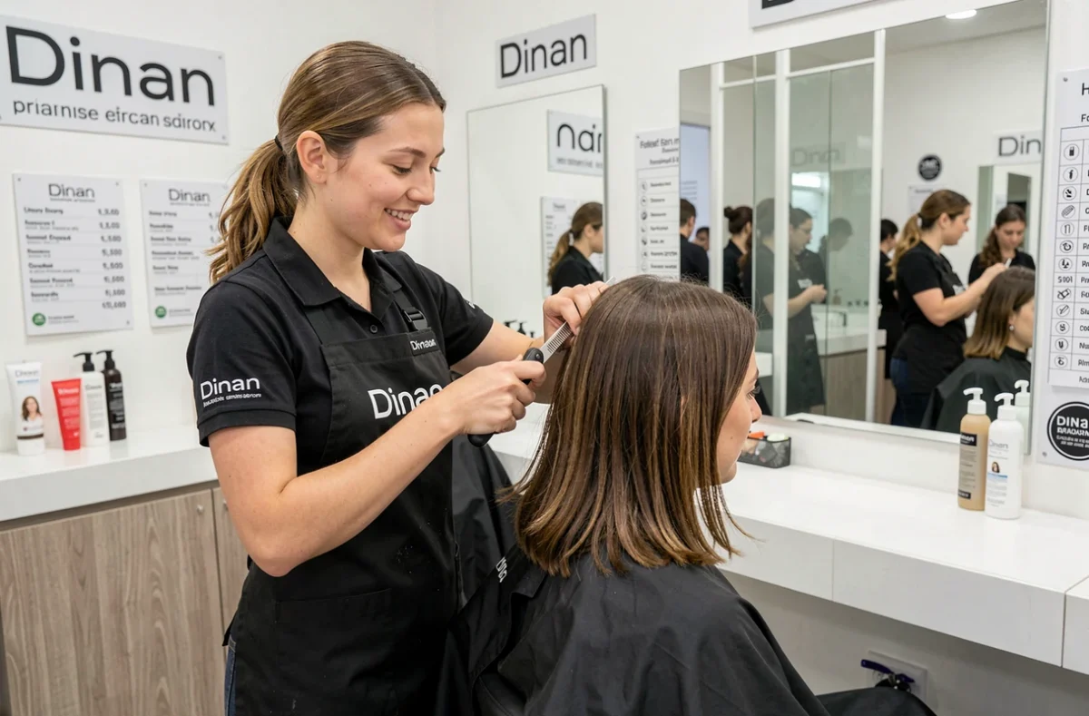 Coiffeuse en uniforme réalisant une coupe rapide et accessible dans le salon Coiff&Co au cœur de Dinan