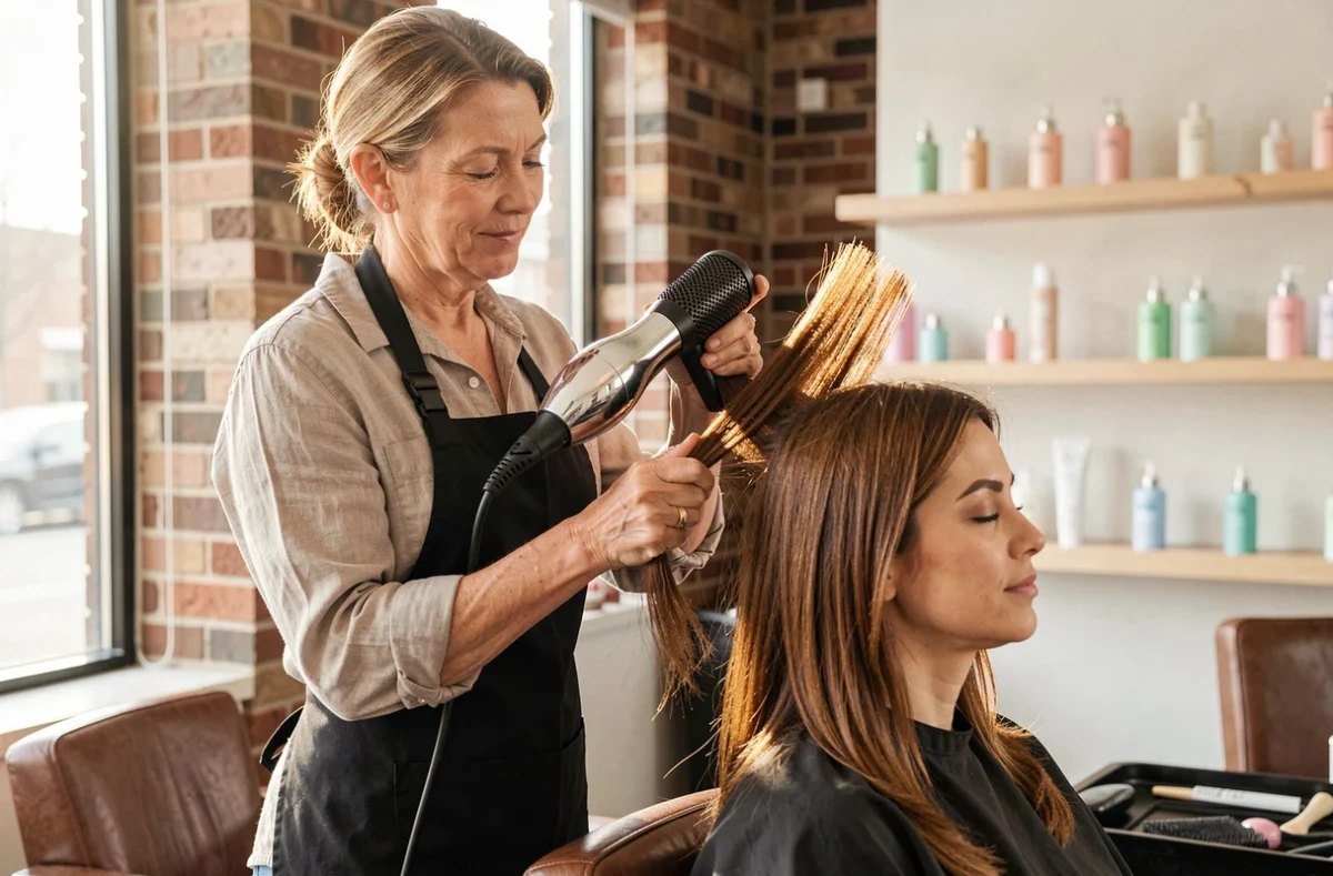 Coiffeuse professionnelle réalisant un brushing sur une cliente en salon, soin flash coiffeur en cours