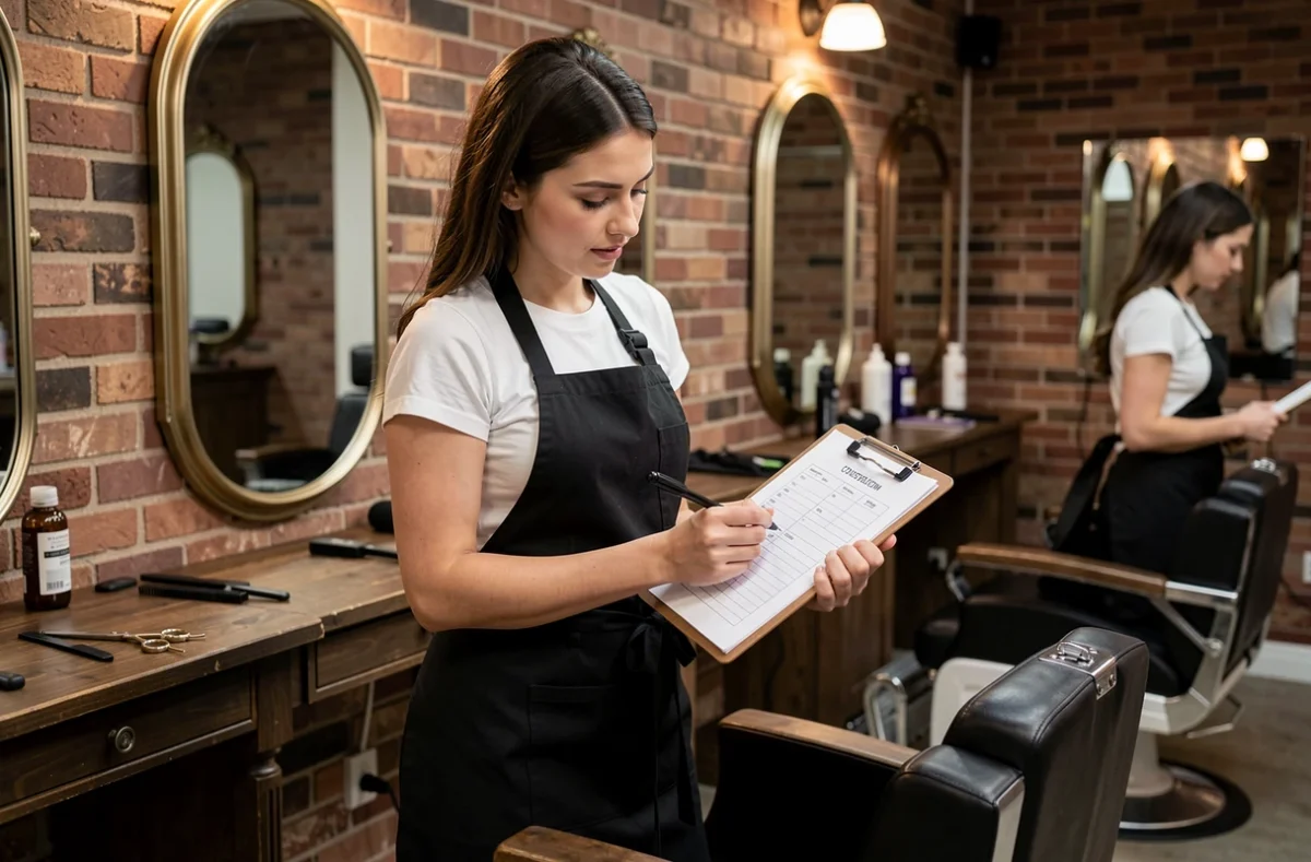 Coiffeuse professionnelle consultant une check-list de consultation sur clipboard dans un salon de coiffure au décor industriel