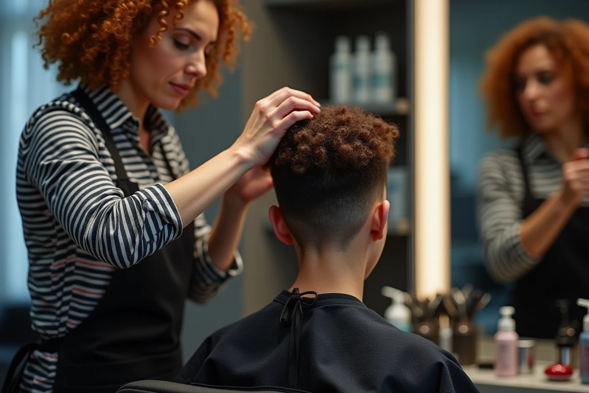 Coiffeuse professionnelle en train de coiffer une permanente garçon sur une adolescente dans un salon moderne