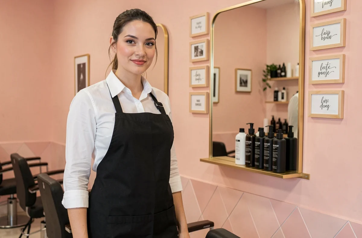 Coiffeuse professionnelle devant un poste de travail décoré avec miroir doré et produits capillaires bien présentés dans un salon tendance