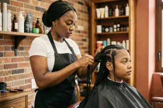 Coiffeuse spécialisée en tresses protectrices réalisant des box braids sur une cliente dans un salon de coiffure afro parisien