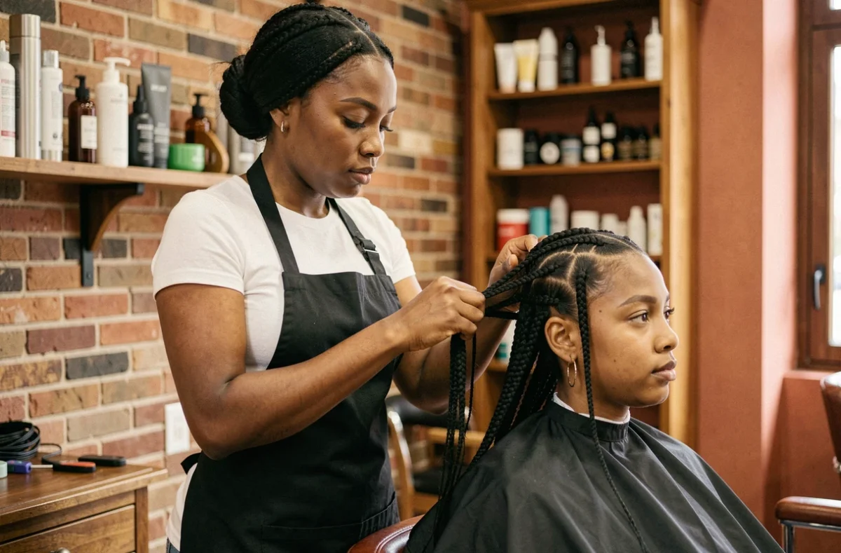 Coiffeuse spécialisée en tresses protectrices réalisant des box braids sur une cliente dans un salon de coiffure afro parisien