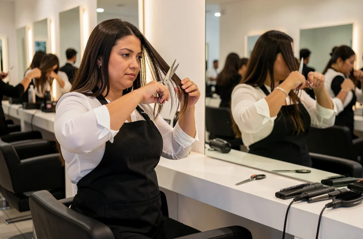 Coiffeuse au visage rond se taillant une frange asymétrique devant un grand miroir dans un salon de coiffure moderne
