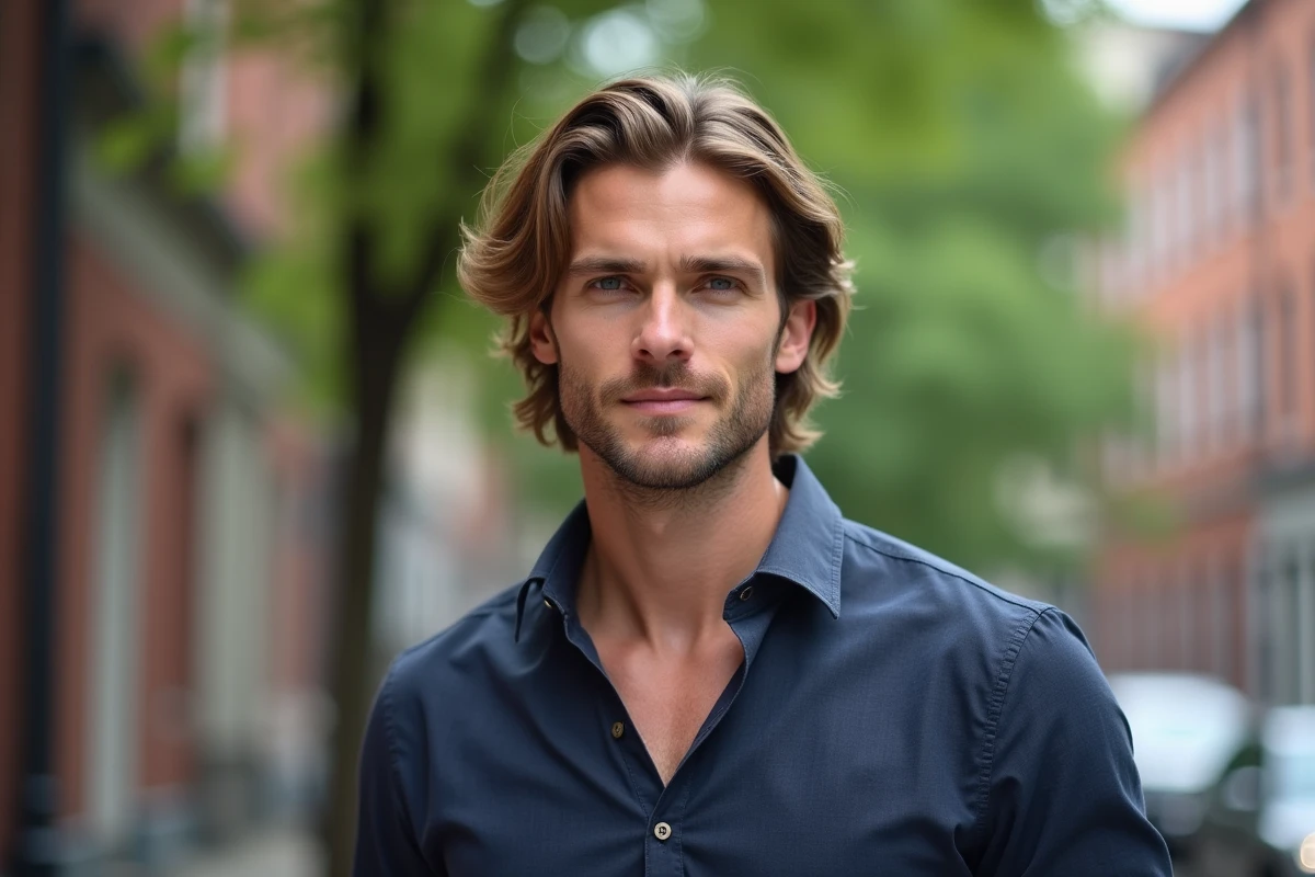 Homme avec coiffure mi-longue réussie après une transition depuis les cheveux courts, en extérieur urbain