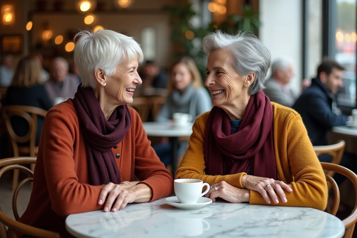 Deux femmes de 70 ans aux cheveux blancs, coiffures différentes, discutant dans un café parisien avec élégance