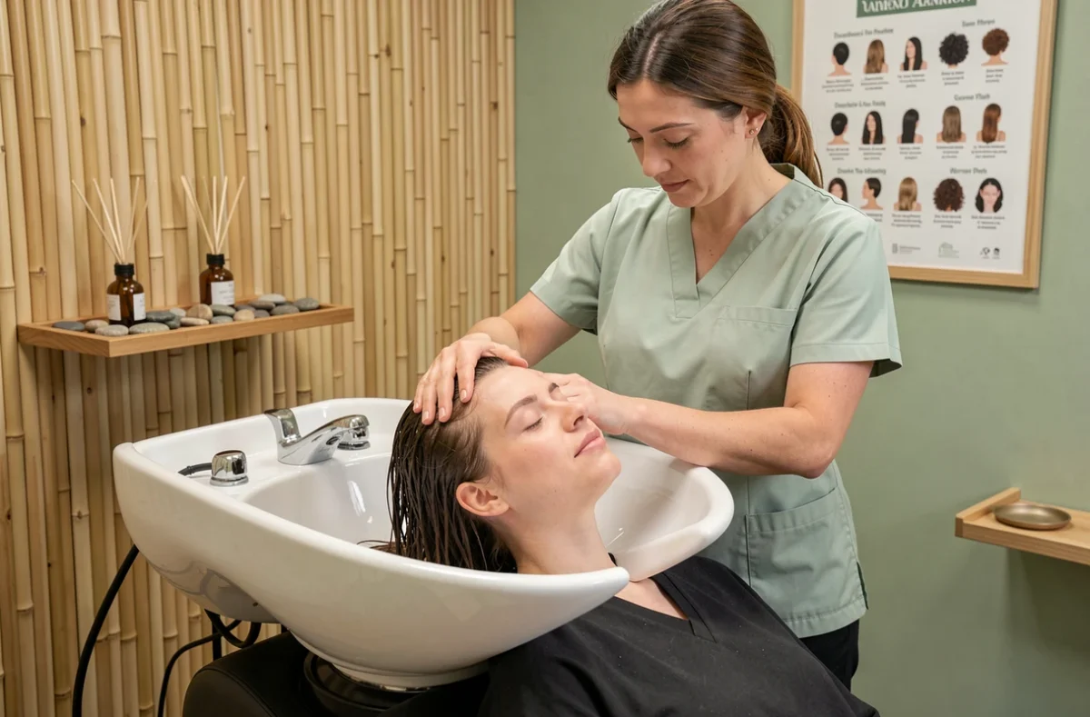 Cliente en état de relaxation totale lors d'un diagnostic capillaire au salon Coiff'Zen à Lannion