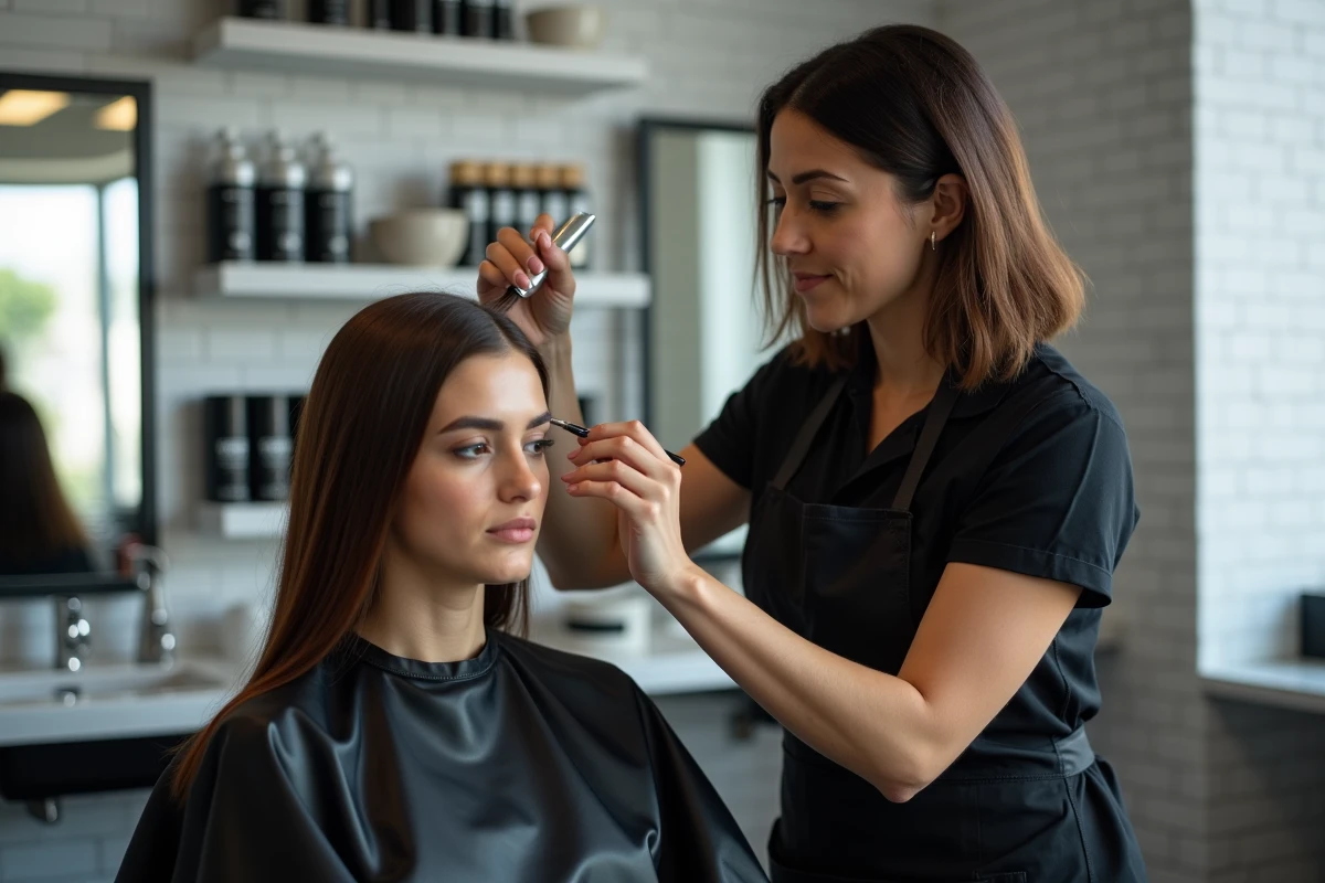 Coiffeuse professionnelle appliquant une coloration sur une cliente dans un salon moderne, illustrant le prix d'une coloration chez le coiffeur