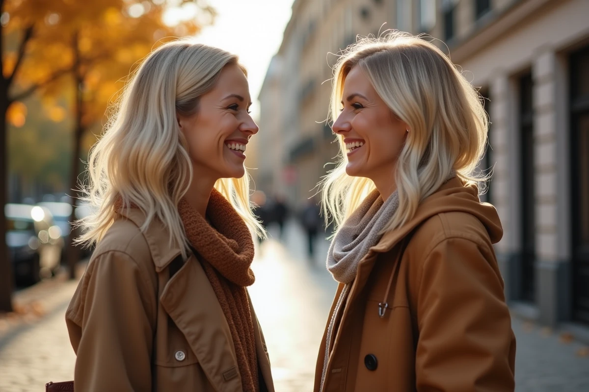Deux femmes côte à côte avec un dégradé mi-long et un carré flou blond en plein air en automne