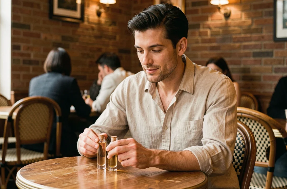 Jeune homme comparant des échantillons de parfums dupe dans un café parisien au style vintage