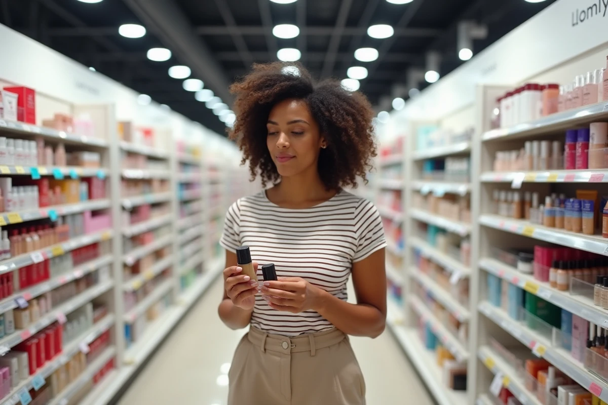 Femme comparant deux fonds de teint dans un rayon skincare d'un magasin Ulta Beauty