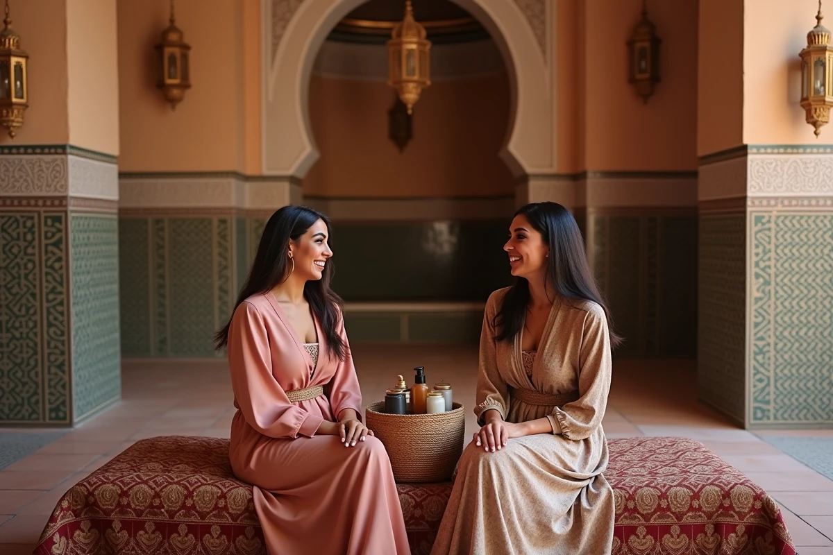 Deux femmes marocaines côte à côte dans un hammam, l'une avec un maquillage traditionnel et l'autre avec un look glam moderne, souriant ensemble