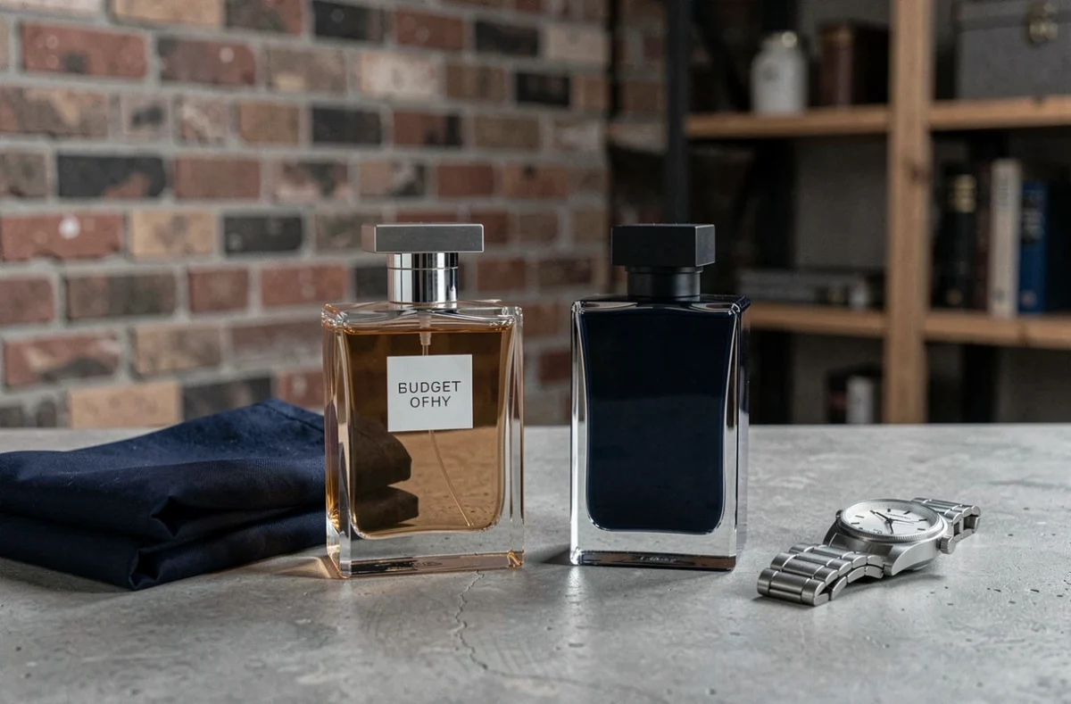 Deux flacons de parfum pour homme côte à côte sur béton brut, comparaison parfum luxe et alternative budget