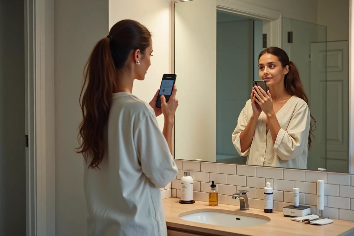 Deux femmes comparant selfies filtrés et reflet naturel dans un miroir de salle de bain, questionnant la perception de la beauté réelle face aux réseaux sociaux
