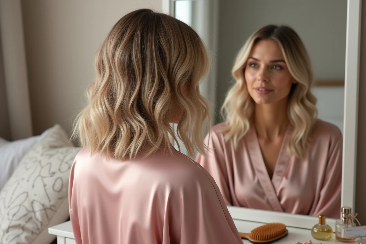 Femme aux cheveux mi-longs blond cendré assise devant un miroir de coiffeuse en robe de soie rose