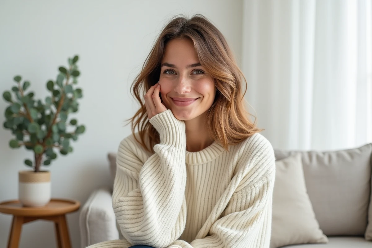 Femme aux cheveux mi-longs en lob avec des reflets miel, portant un pull en maille crème dans un salon scandinave
