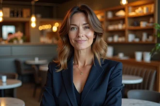 Femme de 45 ans avec une coupe dégradée mi-longue dans un café parisien, style élégant et moderne après 40 ans