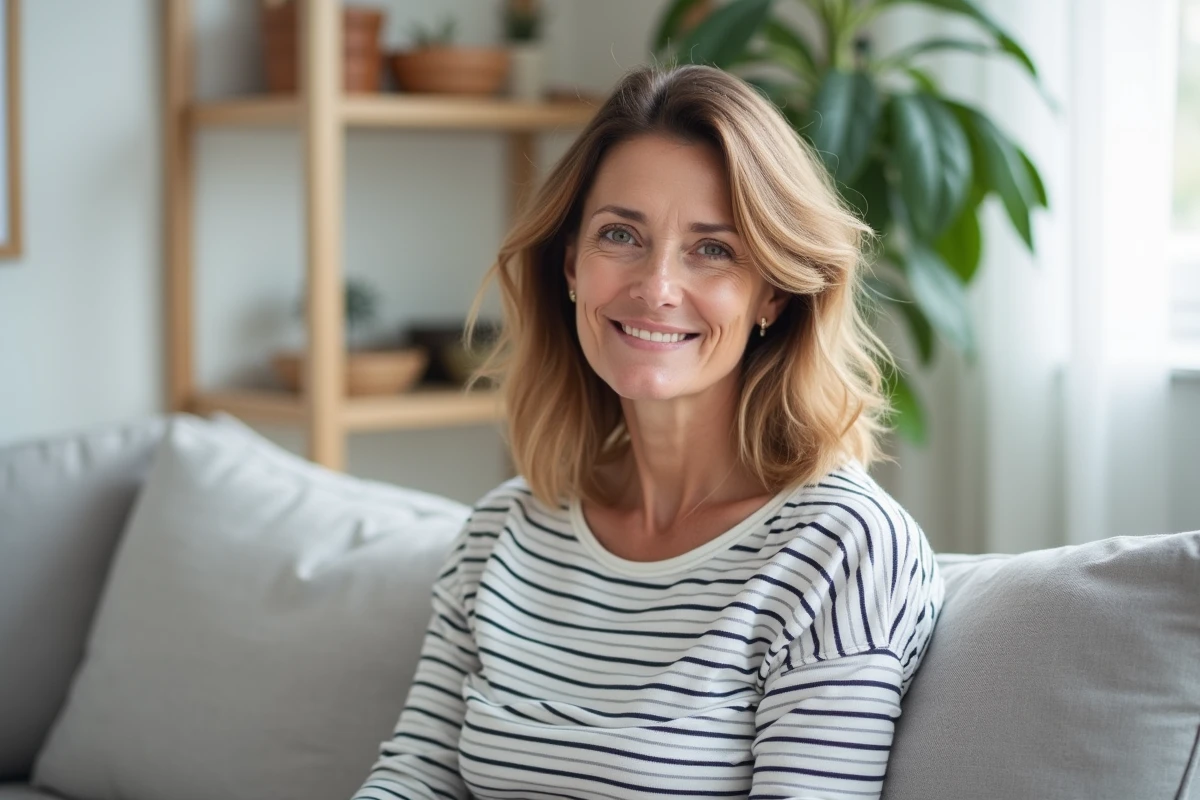 Femme de 44 ans avec une coupe dégradée mi-longue et balayage caramel, assise dans un salon moderne et épuré